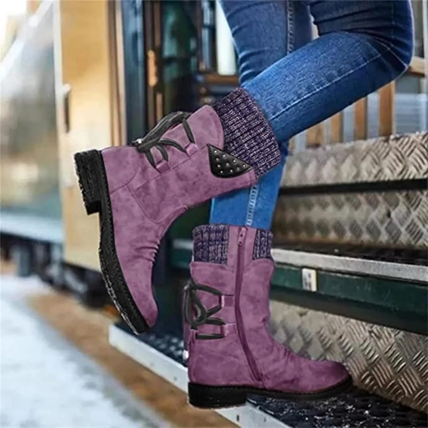 Ladmiple Boots For Women Low Heel Mid Calf Biker Boots Side Zipper Motorcycle Fashion Combat Riding Military Ankle Booties