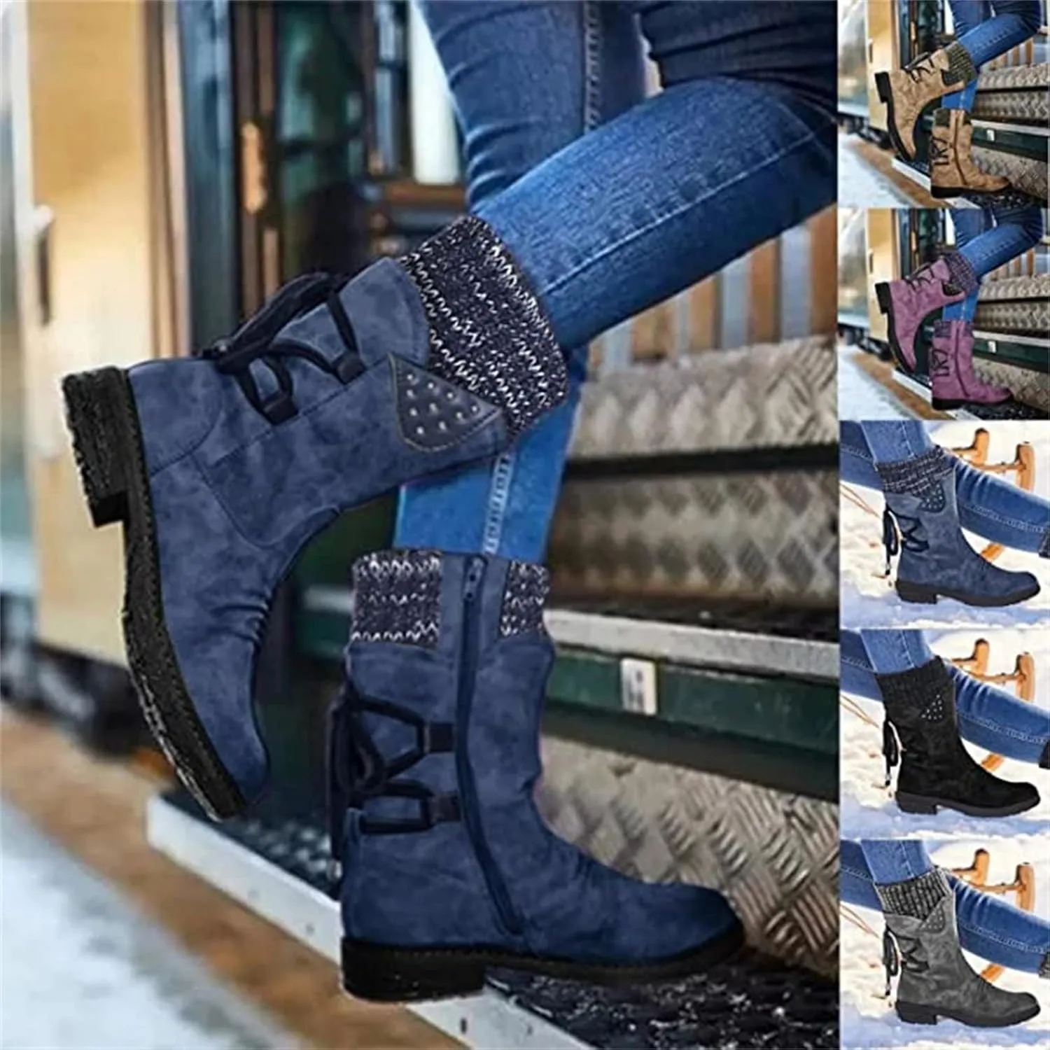 Ladmiple Boots For Women Low Heel Mid Calf Biker Boots Side Zipper Motorcycle Fashion Combat Riding Military Ankle Booties