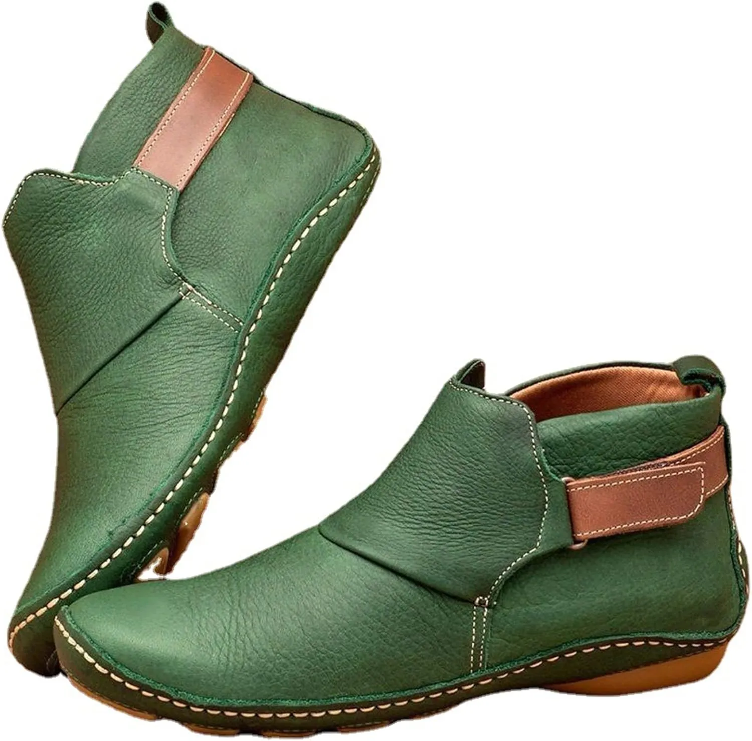 Lausiuoe Ankle Boots For Women No Heel Casual Dressy Fashion Short Boots Side Zipper Western Flat Shoes Boot Pull-On