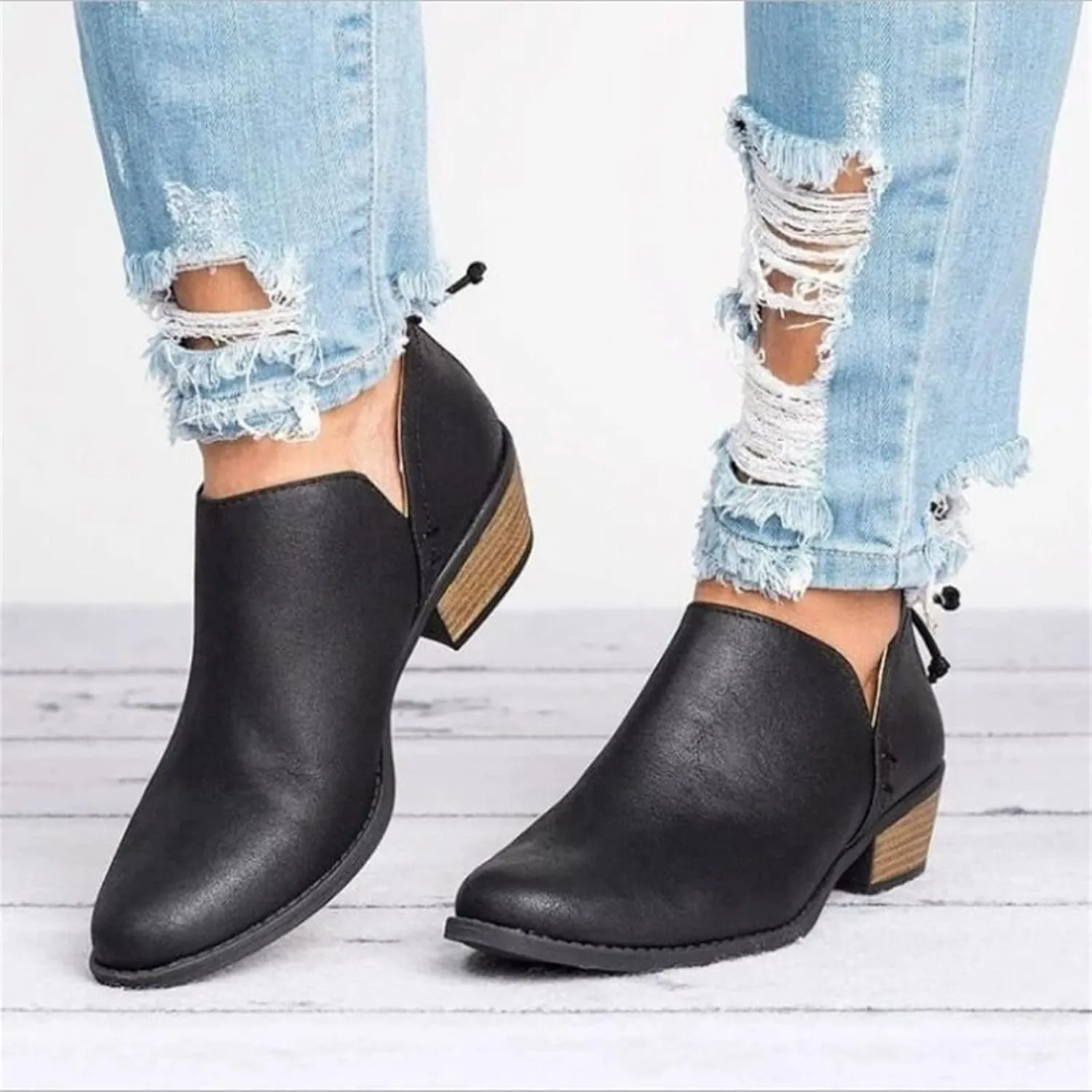 Lausiuoe Boots For Women Ankle Booties Low Heel Platform Chunky Block Casual Dressy Wide Width Slip on V Cutout Booties