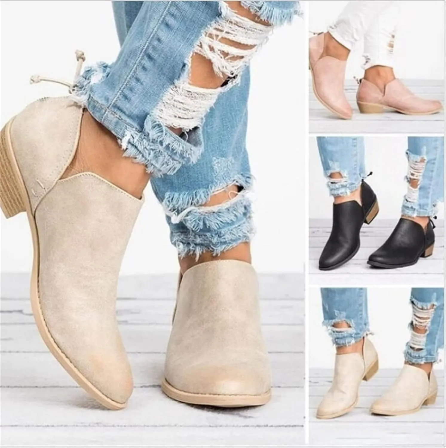 Lausiuoe Boots For Women Ankle Booties Sexy Low Heels Cowgirl Cowboy Chunky Stacked Mid Heel Zipper Western Short Boots