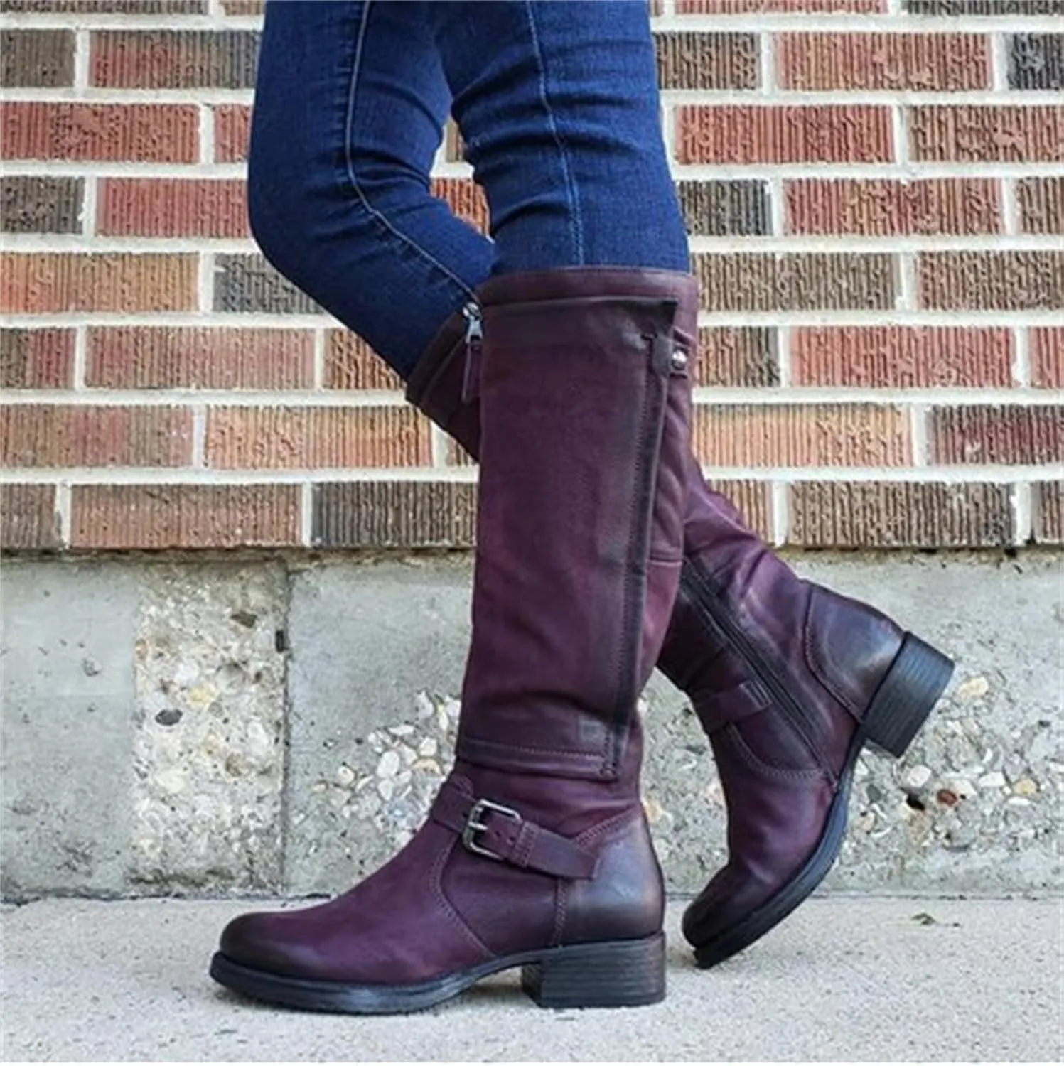 Lausiuoe Boots For Women Low Heel Mid Calf Comfortable Winter Boots Side Zip Slouchy Western Cowboy Warm Non Slip Outdoor Shoes