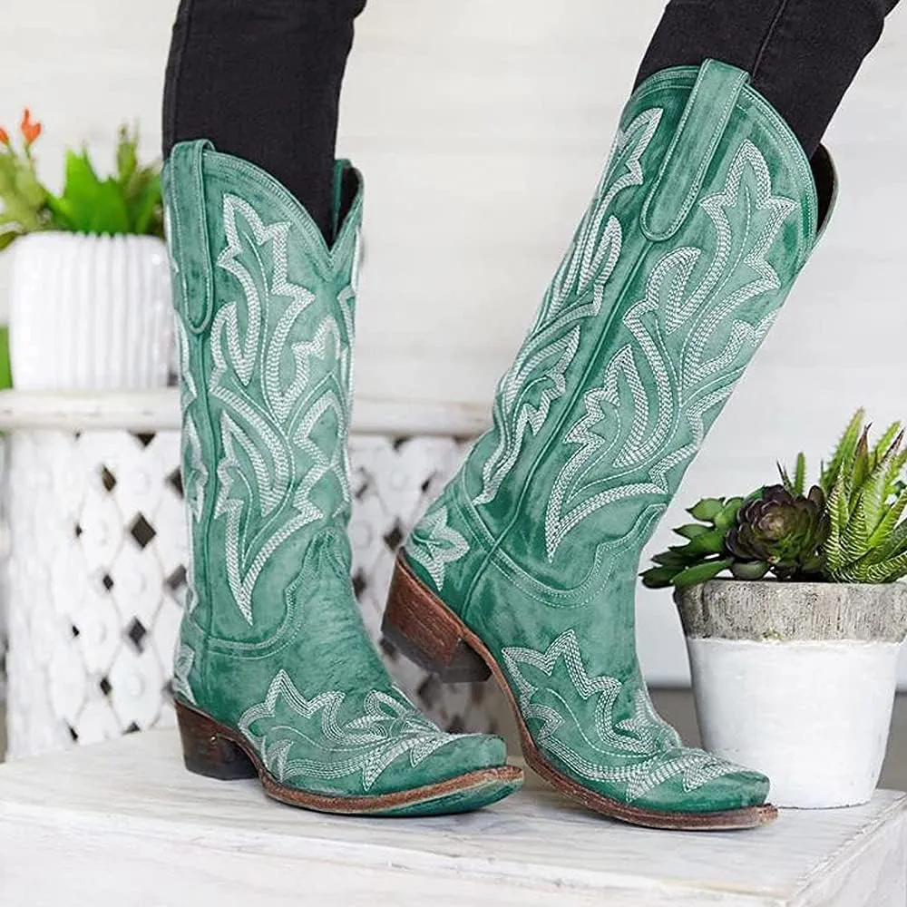 Lausiuoe Cowboy Boots For Women Mid Calf Cowgirl Western Boots Knee High Embroidered Low Heel Fall Chunky Booties