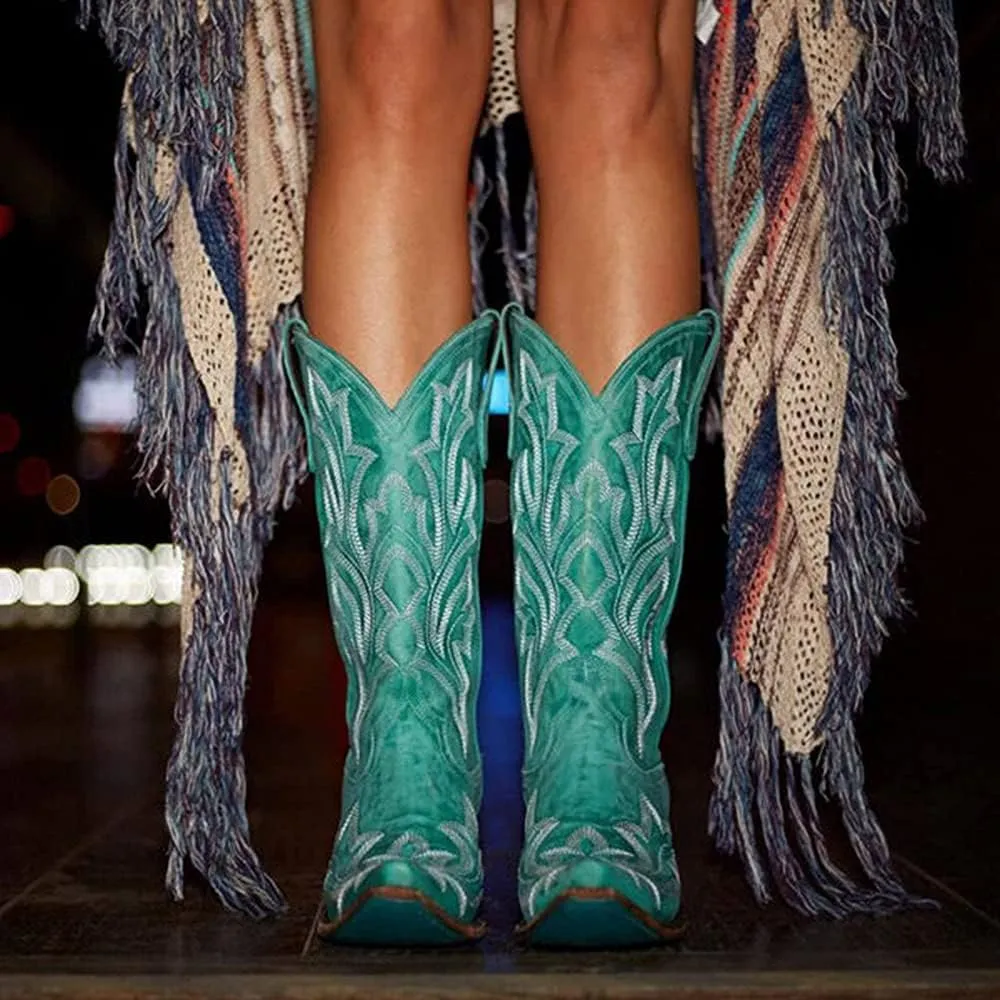 Lausiuoe Cowboy Boots For Women Mid Calf Cowgirl Western Boots Knee High Embroidered Low Heel Fall Chunky Booties