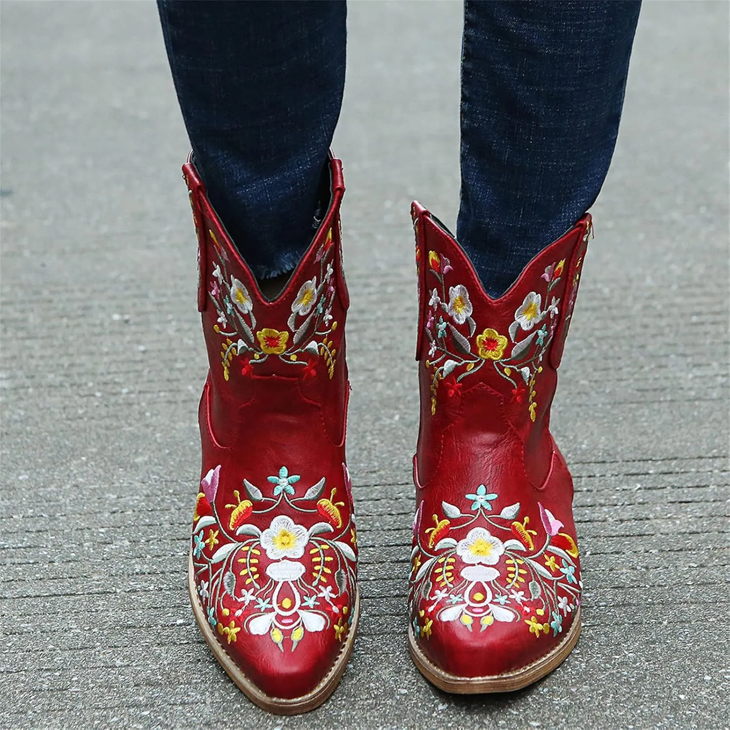 Lausiuoe Cowboy Boots For Women Wide Calf Knee High Western Cowgirl Boots Fashion Retro Embroidered Chunky Heel Booties