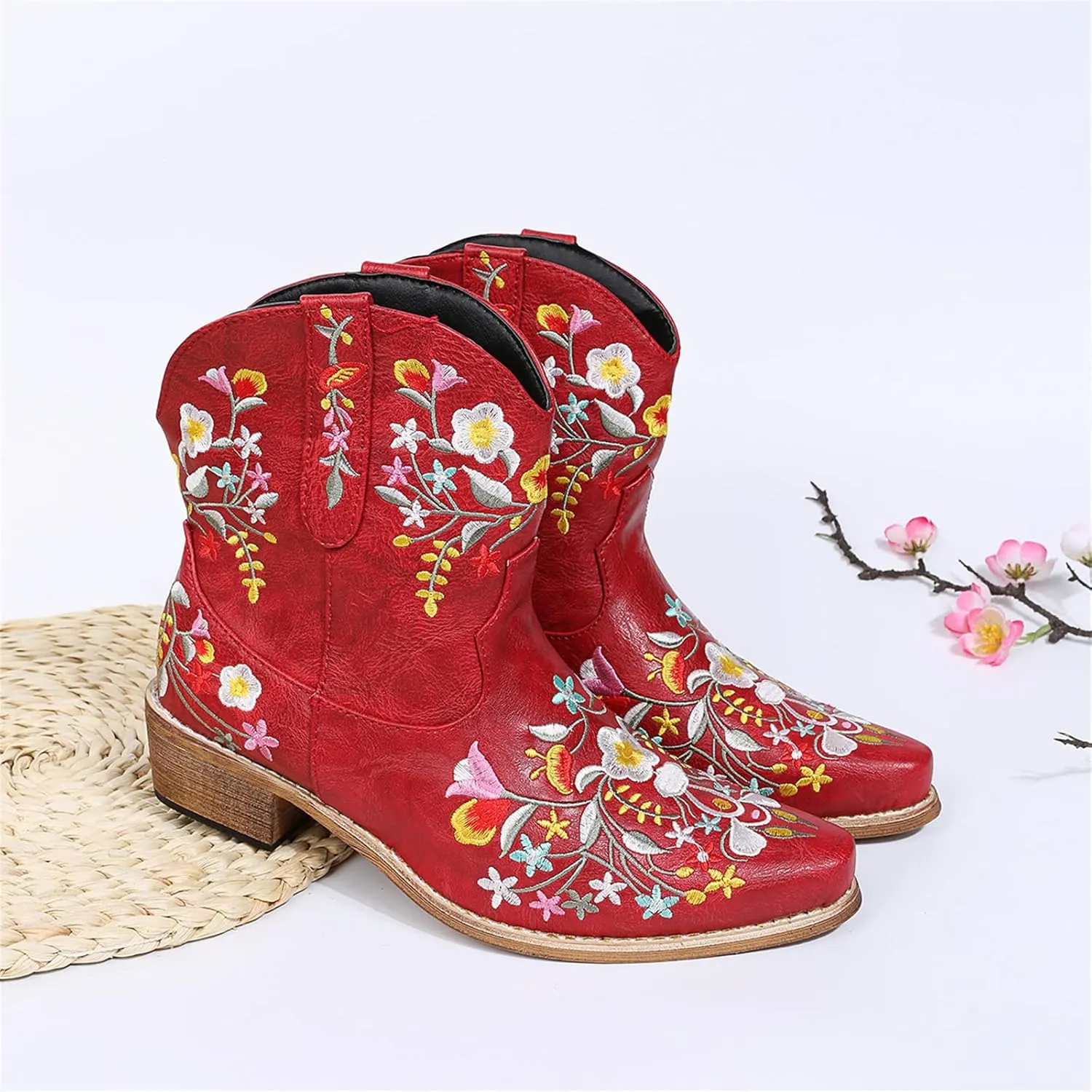 Lausiuoe Cowboy Boots For Women Wide Calf Knee High Western Cowgirl Boots Fashion Retro Embroidered Chunky Heel Booties