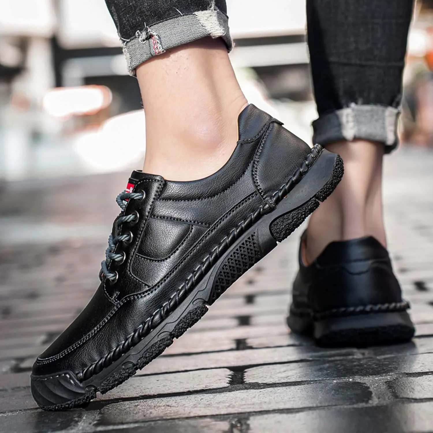Men's Premium Leather Casual Sneakers,Casual Leather Shoes,Hand Sewn,Toe Protection,Walking Shoes,Driving Shoes,Outdoor Sneakers,Comfortable,Soft,Non-Slip