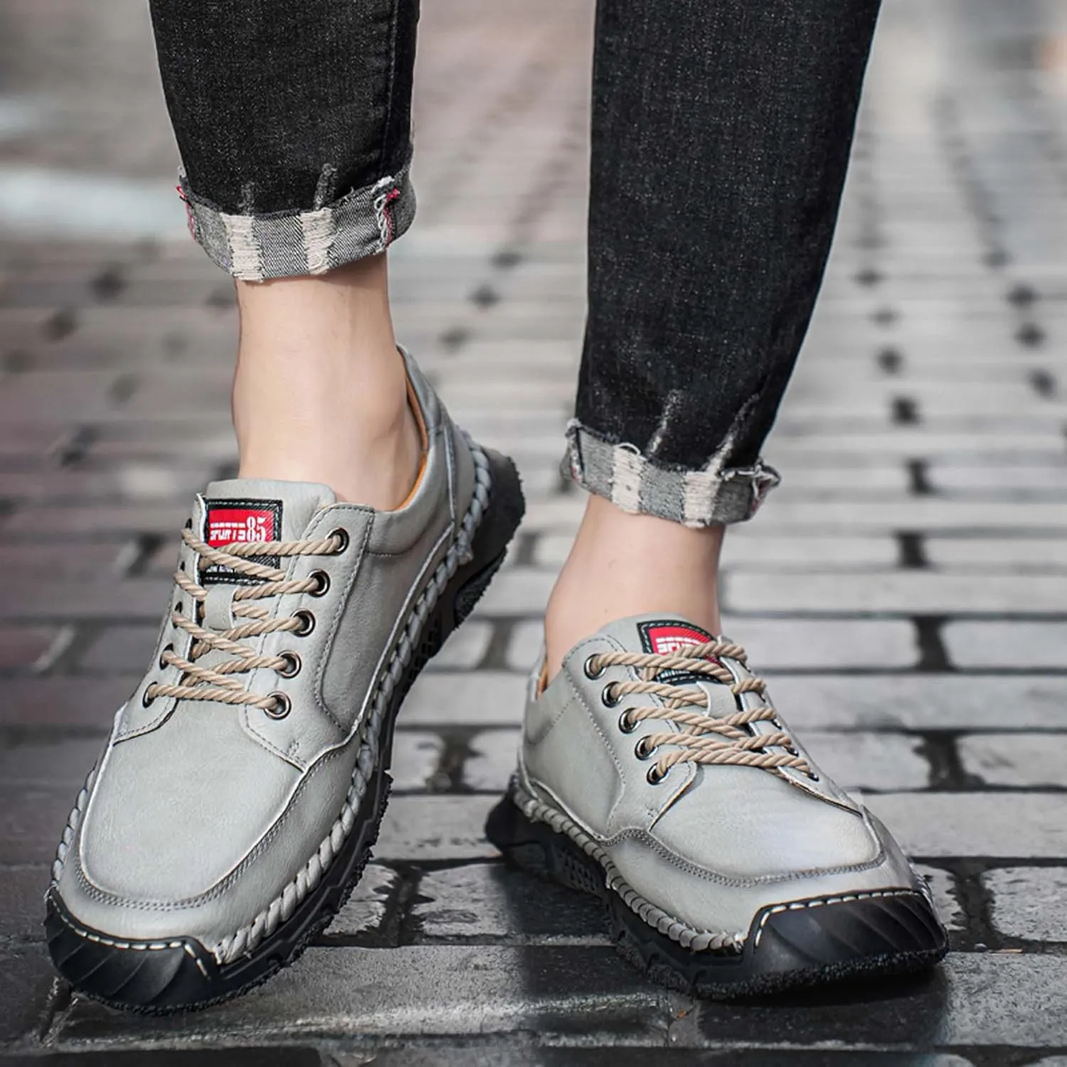 Men's Premium Leather Casual Sneakers,Casual Leather Shoes,Hand Sewn,Toe Protection,Walking Shoes,Driving Shoes,Outdoor Sneakers,Comfortable,Soft,Non-Slip