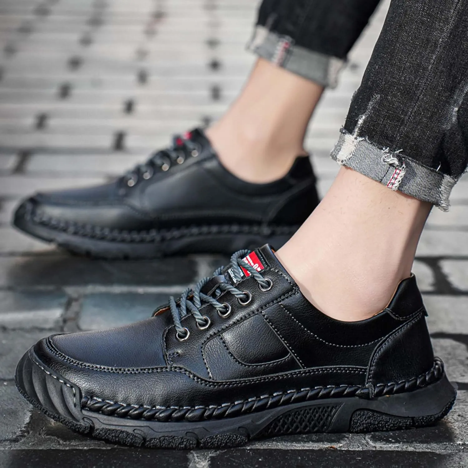 Men's Premium Leather Casual Sneakers,Casual Leather Shoes,Hand Sewn,Toe Protection,Walking Shoes,Driving Shoes,Outdoor Sneakers,Comfortable,Soft,Non-Slip