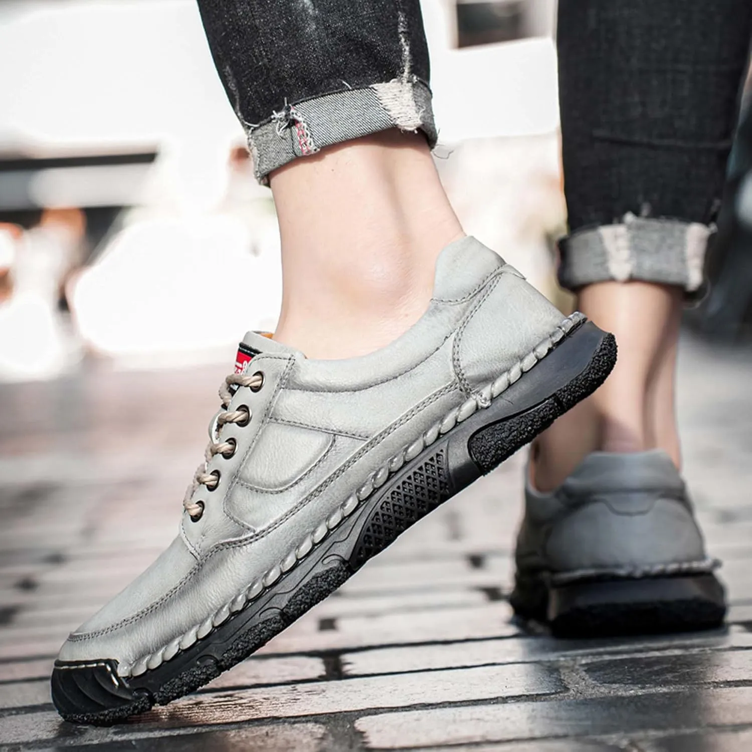Men's Premium Leather Casual Sneakers,Casual Leather Shoes,Hand Sewn,Toe Protection,Walking Shoes,Driving Shoes,Outdoor Sneakers,Comfortable,Soft,Non-Slip