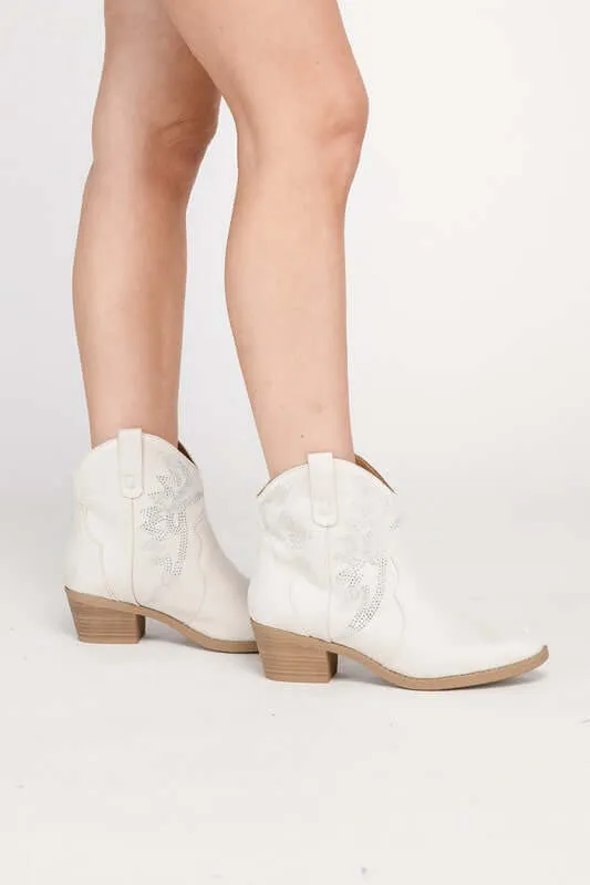 Ronan Rhinestone Western Ankle Boots Black / Bone White