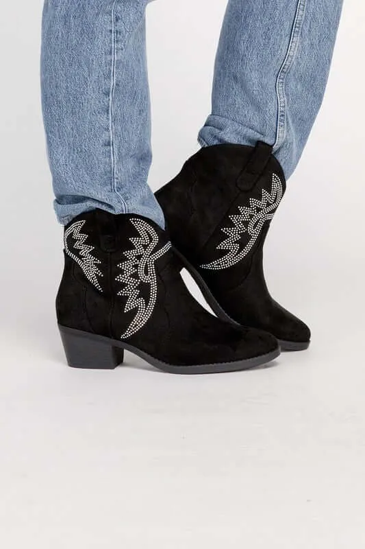 Ronan Rhinestone Western Ankle Boots Black / Bone White