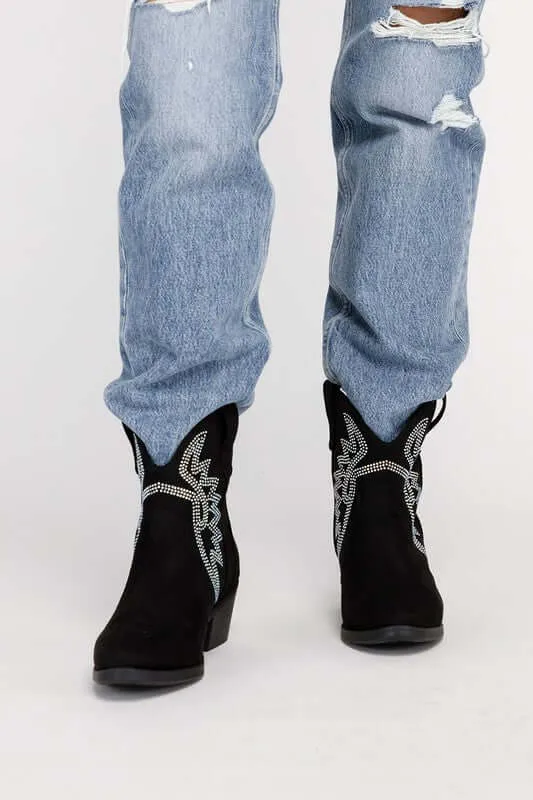 Ronan Rhinestone Western Ankle Boots Black / Bone White