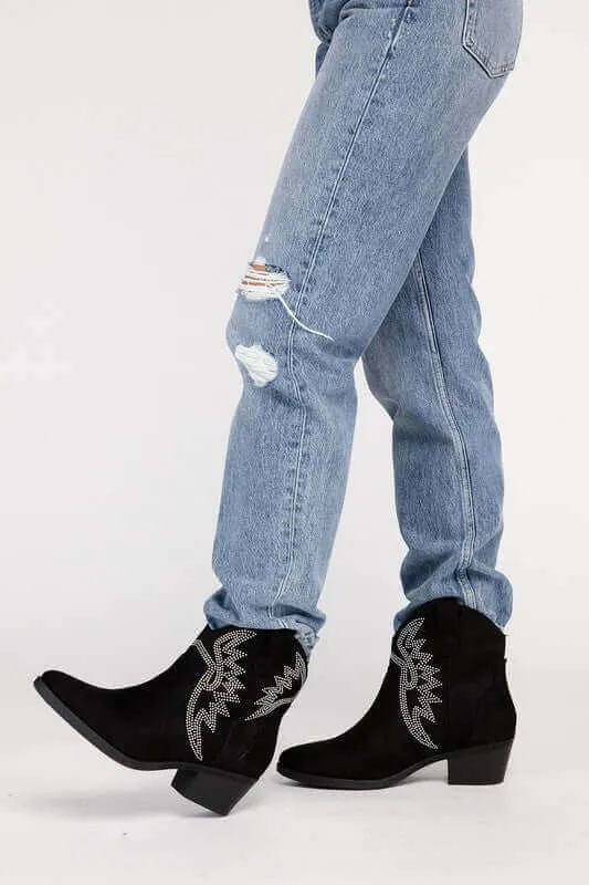 Ronan Rhinestone Western Ankle Boots Black / Bone White