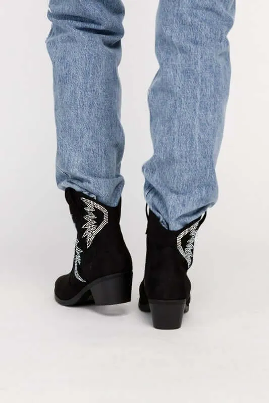 Ronan Rhinestone Western Ankle Boots Black / Bone White