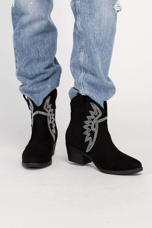 Ronan Rhinestone Western Ankle Boots Black / Bone White