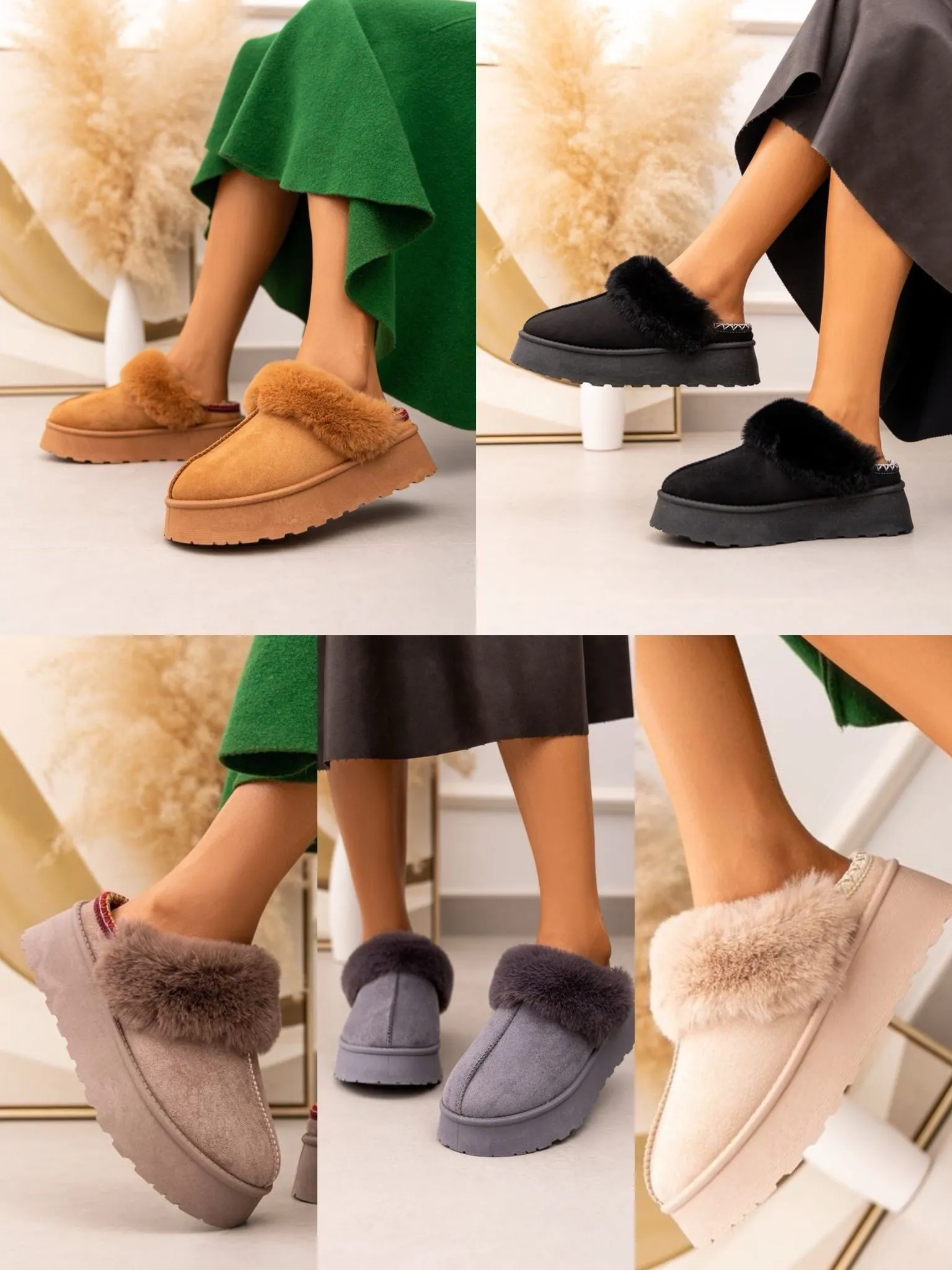 ULTRA MINI PLATFORM FLUFFY FURR ANKLE SLIPPERS IN CAMEL
