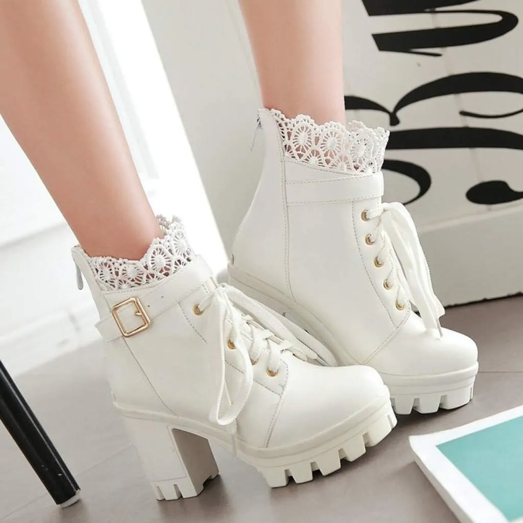 Victorian Boots for Women Platform Boots Chunky High Heels Ankle Boots Lace Buckle Gothic Cosplay Booties Zipper Punk Shoes