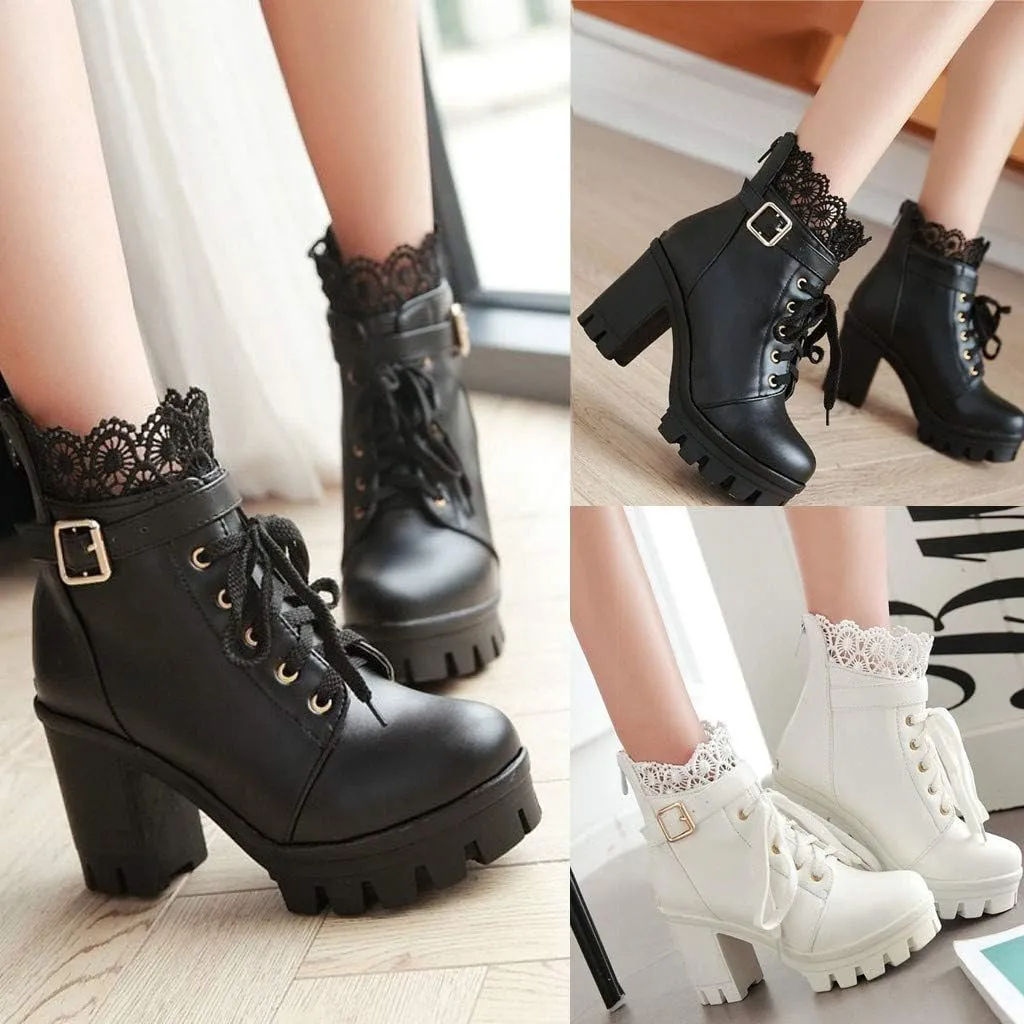 Victorian Boots for Women Platform Boots Chunky High Heels Ankle Boots Lace Buckle Gothic Cosplay Booties Zipper Punk Shoes