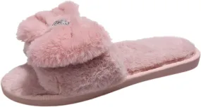 Women's Fuzzy Slippers Fashion Plush Rhinestone Slippers Love Bow Decoration Summer for Women with Arch Support