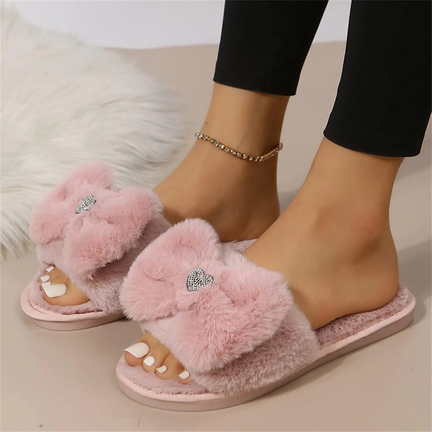 Women's Fuzzy Slippers Fashion Plush Rhinestone Slippers Love Bow Decoration Summer for Women with Arch Support
