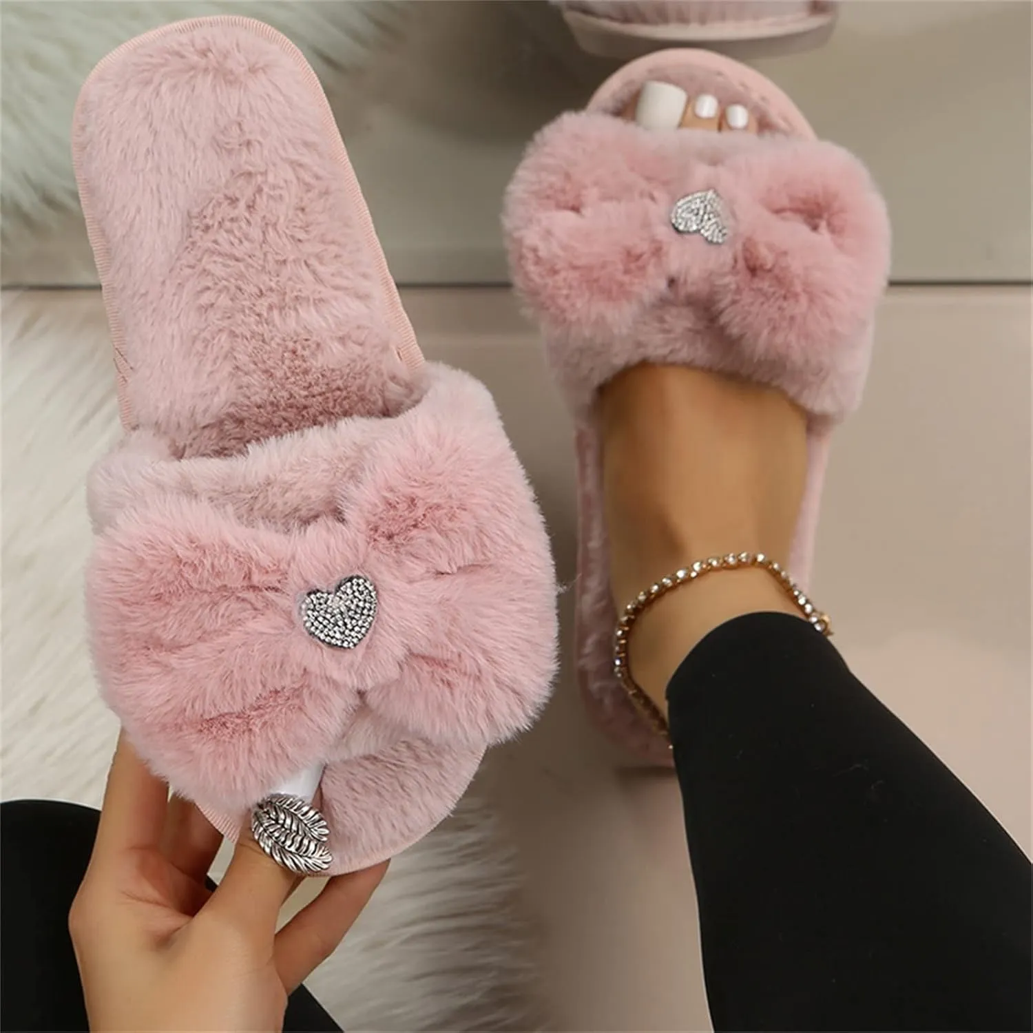 Women's Fuzzy Slippers Fashion Plush Rhinestone Slippers Love Bow Decoration Summer for Women with Arch Support