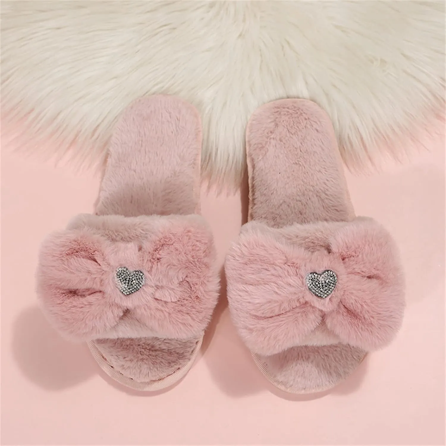 Women's Fuzzy Slippers Fashion Plush Rhinestone Slippers Love Bow Decoration Summer for Women with Arch Support