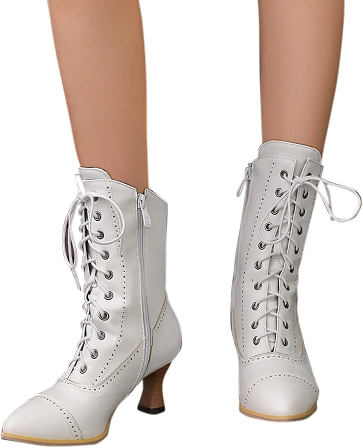 Women's Mid Calf Boots Women Casual Boots Fashion Kitten Heel Lace up Side Zipper Mid Calf Women Boots Low Heel Boots