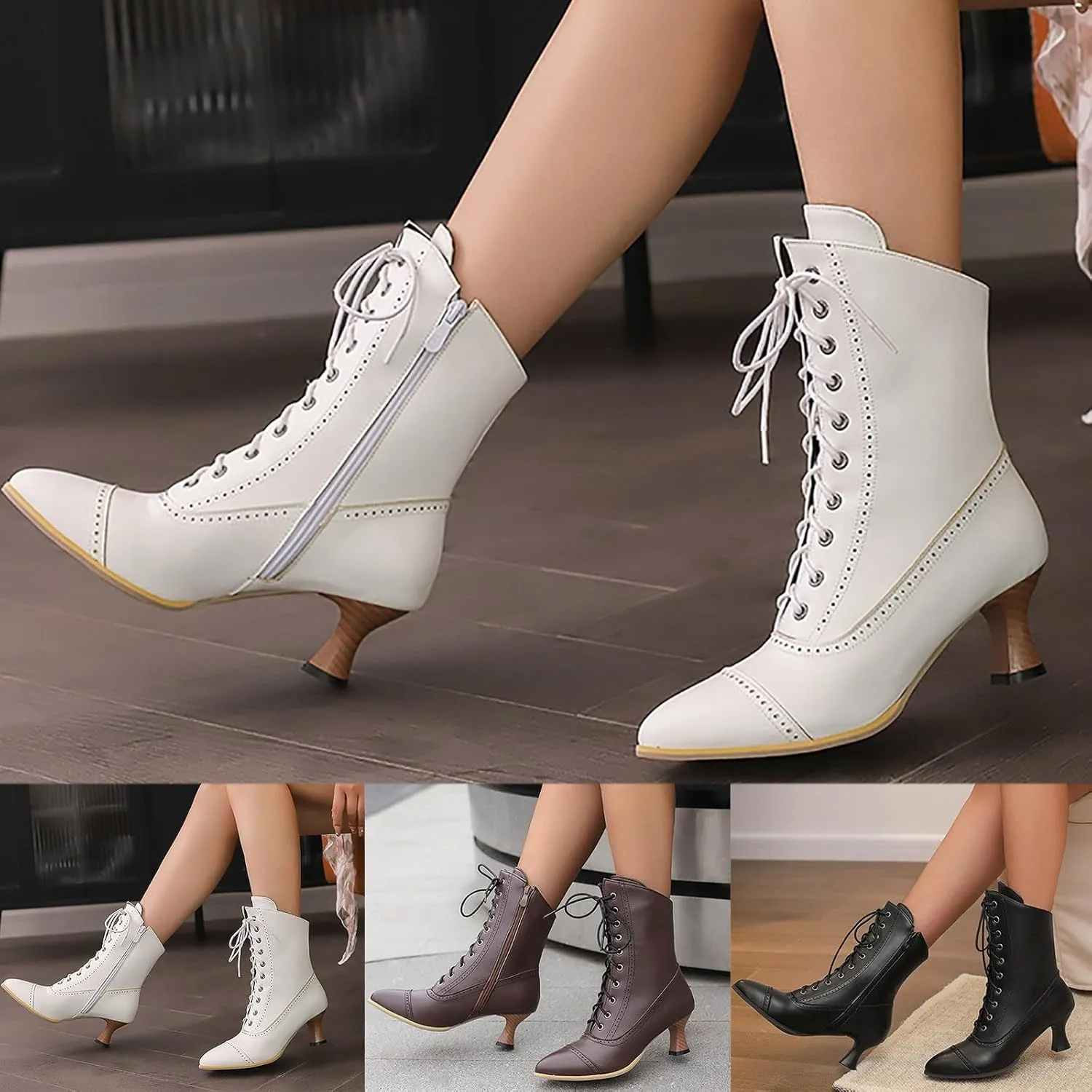 Women's Mid Calf Boots Women Casual Boots Fashion Kitten Heel Lace up Side Zipper Mid Calf Women Boots Low Heel Boots