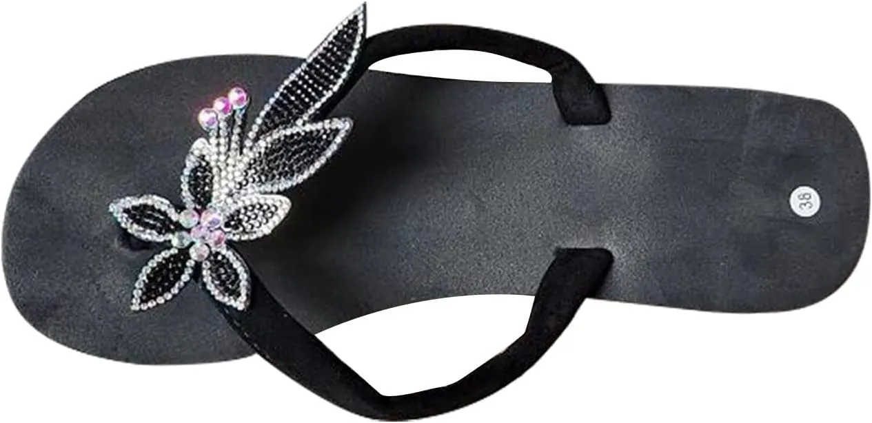 Women's New Beach Sandals Flower Leaf Bright Diamond Rhinestones Flip-flop Casual Thong Cushion Platform Sandal