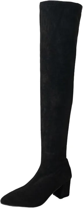 Women's Over The Knee Thigh High Chunky Heel Boots Long Stretch Suede Fall Boots Pointed Toe Winter Boots with Zipper