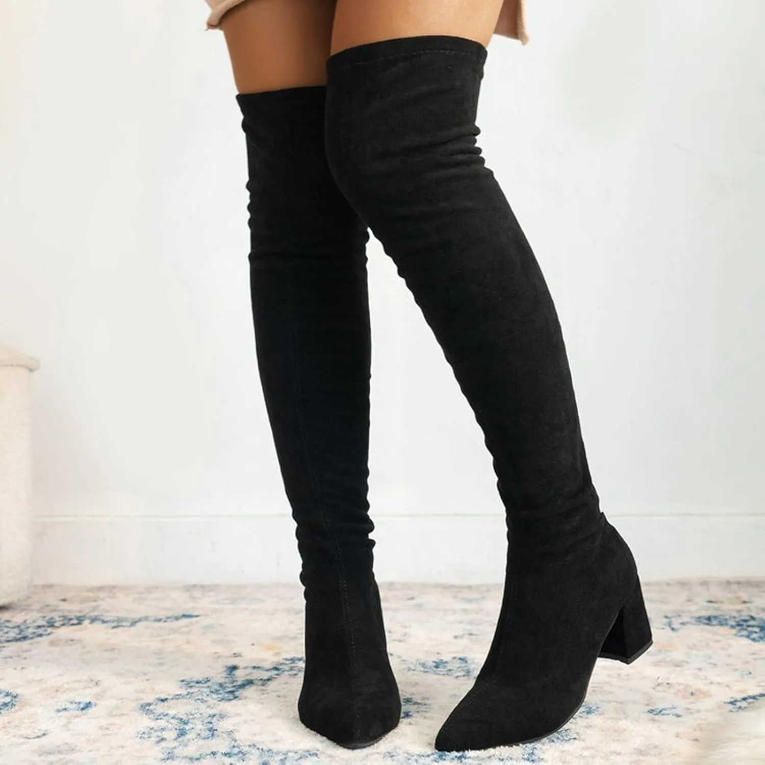 Women's Over The Knee Thigh High Chunky Heel Boots Long Stretch Suede Fall Boots Pointed Toe Winter Boots with Zipper