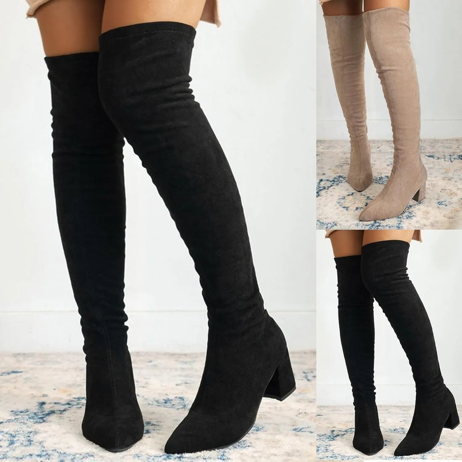 Women's Over The Knee Thigh High Chunky Heel Boots Long Stretch Suede Fall Boots Pointed Toe Winter Boots with Zipper