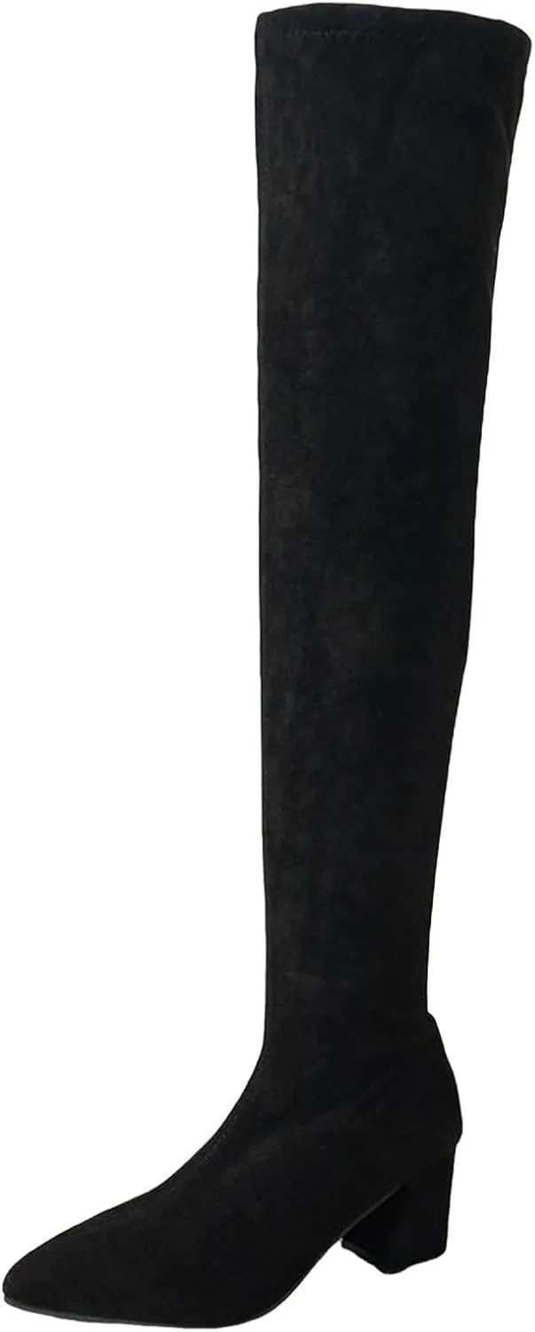 Women's Over The Knee Thigh High Chunky Heel Boots Long Stretch Suede Fall Boots Pointed Toe Winter Boots with Zipper