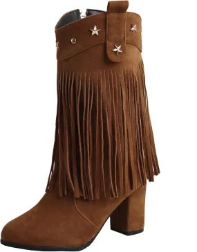 Women's Solid Color Zipper Mid Calf Boots Block Heel Tassel Boots